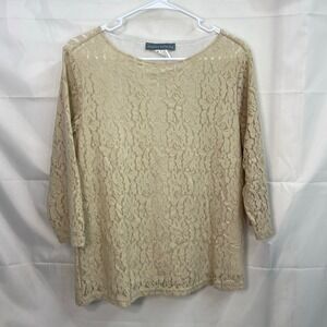 Jessica Holbrook women's tan lined lace crewcut stretch floral neutral blouse M‎